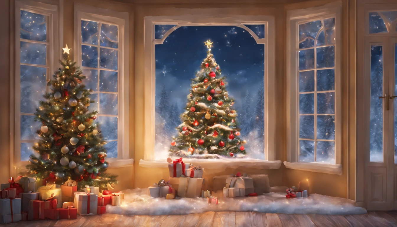 (Pintura digital), (qualidade superior), 超A high resolution, Linda e sexy garota de Papai Noel usa uma linda fantasia de Papai Noel, Christmas decorations, chama ardente na lareira, luz de vela quente, A big Christmas tree and snow outside the window, 8K Ultra Real, Pastel color schemes,