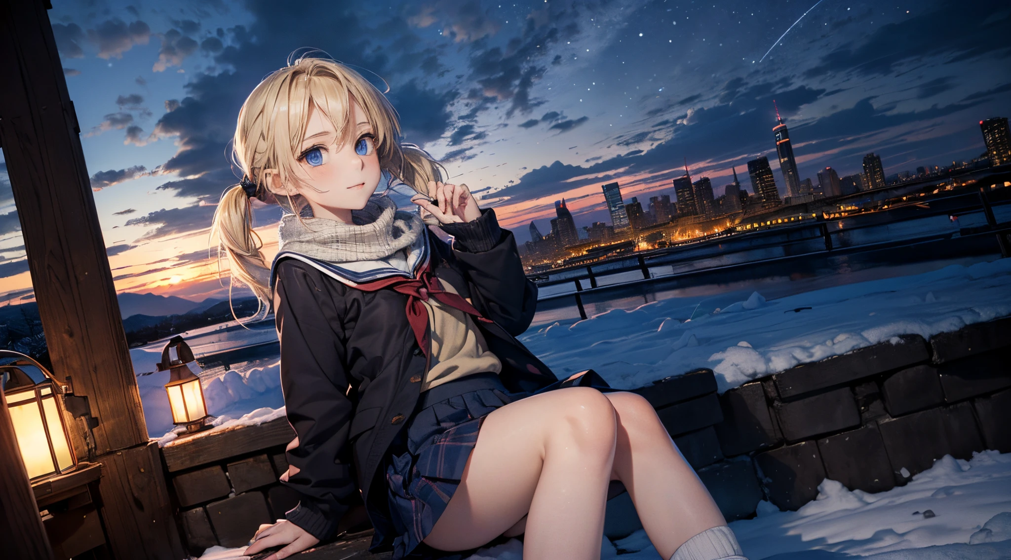 masutepiece,8K,octans, Skysky, stele(Skysky), landscapes, starrysky, natta, looks at the camera, (Legs without stockings:1.iercing gaze, nigh sky, report, plein air, built, clouds, milkyway, 城市, silhuette, Cityscape,(Short, Low twin-tailed blonde hair:1.2), (Deep Blue Eyes:1.iercing gaze, small smile, (winter school uniform:1.1)
