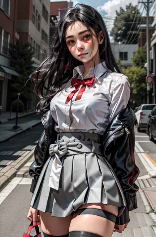 1 girl as yukino yukinoshita, absurdres, highres, solo, school uniform, big breasts, waist long black hair, (twintails:0.5), miniskirt, black thighhigh socks, loose red ribbon, unbuttoned white shirt, (ahegao:1.1), (rolling eyes:1.1), female masturbation