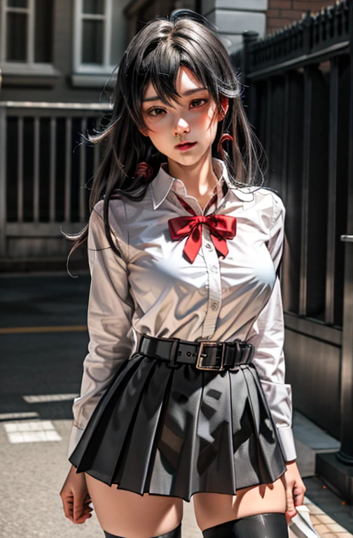 1 girl as yukino yukinoshita, absurdres, highres, solo, school uniform, big breasts, waist long black hair, (twintails:0.5), miniskirt, black thighhigh socks, loose red ribbon, unbuttoned white shirt, (ahegao:1.1), (rolling eyes:1.1), female masturbation