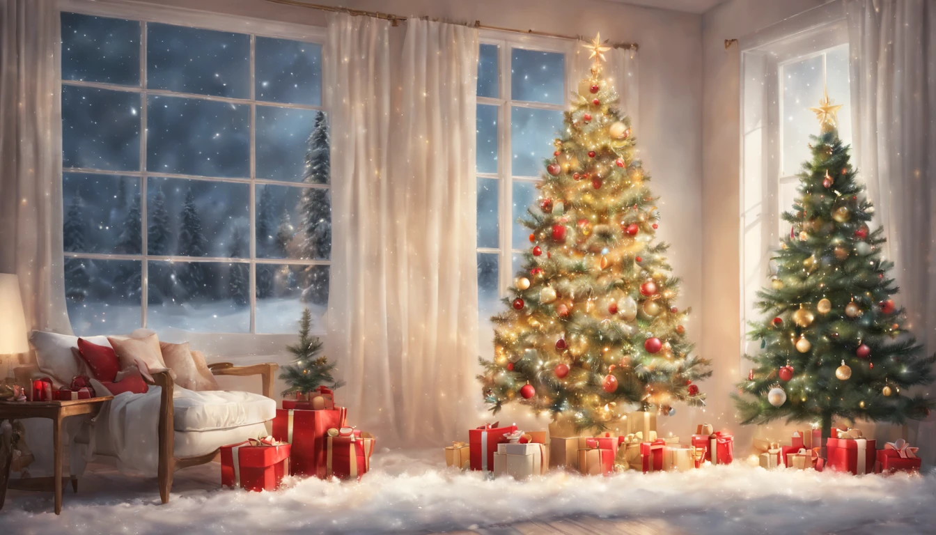 (Pintura digital), (qualidade superior), 超A high resolution, Linda e sexy garota de Papai Noel usa uma linda fantasia de Papai Noel, Christmas decorations, chama ardente na lareira, luz de vela quente, A big Christmas tree and snow outside the window, 8K Ultra Real, Pastel color schemes,
