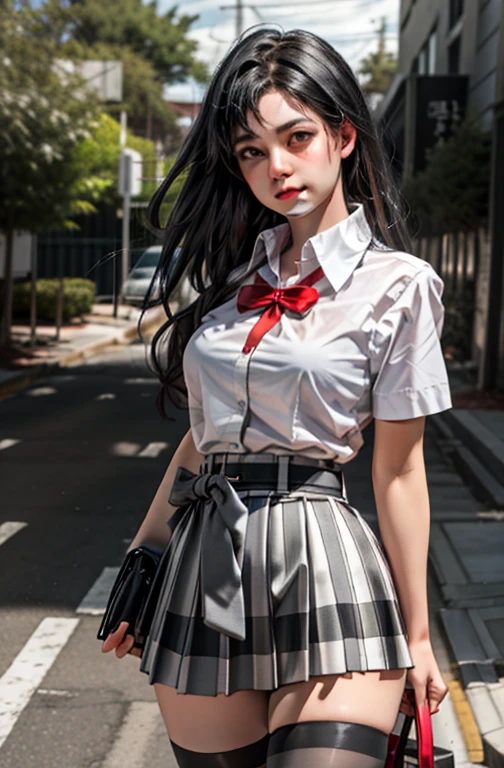 1 girl as yukino yukinoshita, absurdres, highres, solo, school uniform, big breasts, waist long black hair, (twintails:0.5), miniskirt, black thighhigh socks, loose red ribbon, unbuttoned white shirt, (ahegao:1.1), (rolling eyes:1.1), (female masturbation:1.1)