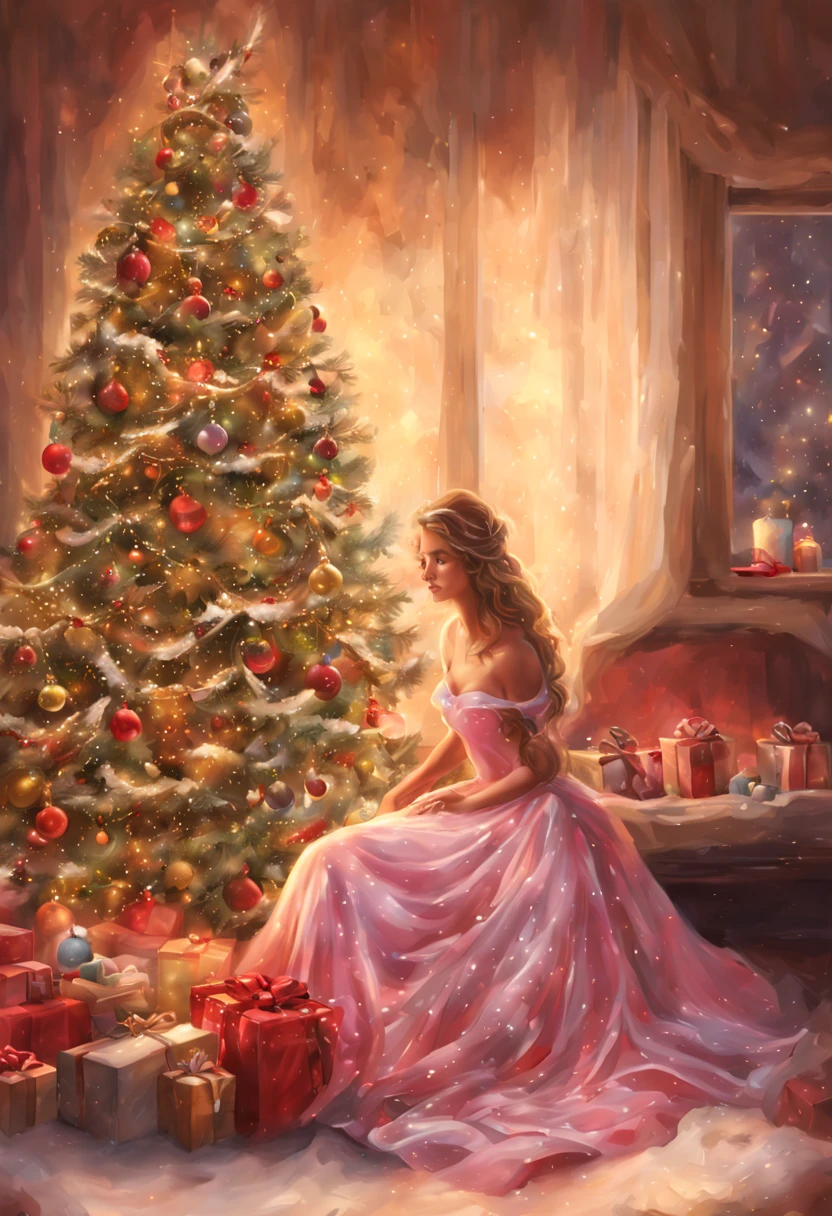 (Pintura digital), (qualidade superior), 超A high resolution, Linda e sexy garota de Papai Noel usa uma linda fantasia de Papai Noel, Christmas decorations, chama ardente na lareira, luz de vela quente, A big Christmas tree and snow outside the window, 8K Ultra Real, Pastel color schemes,