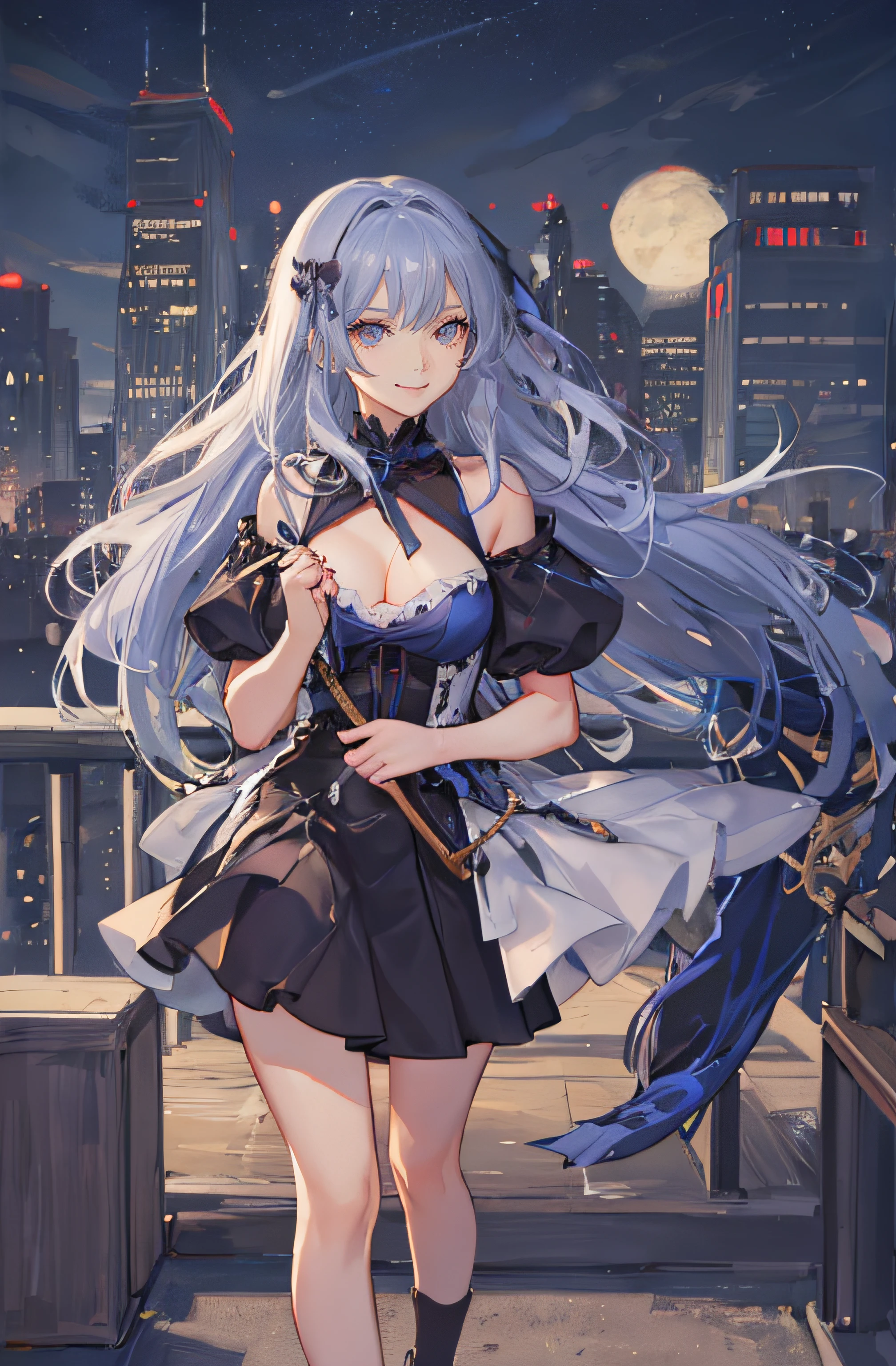 ((A beautiful lovely woman standing on the terrace)), ((22-year-old beauty)), ((Enchanted smile)), ((Her long hair fluttered in the wind)), ((Her miniskirt flutters in the wind)), (( The cleavage of her ample breasts  visible through the shirt)), ((Gradient eyes)), ((The background  a night view of the city)), Glamorous makeup, Single view, north african free trade area , hyper HD, retinas, tmasterpiece, Accurate, Anatomical, Scientifically correct, ctextured skin, super detailing, high detal, high qulity, Award-Awarded, top-quality, A high resolution, 1080p, k hd, 4K, 8K, 16k