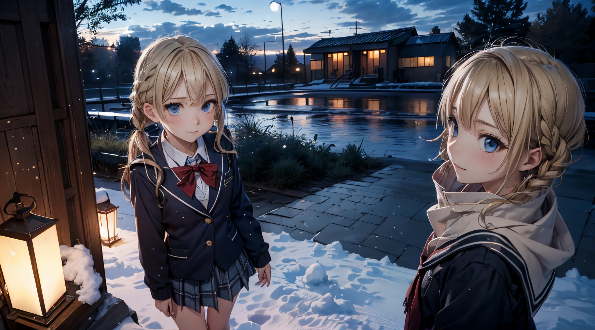 masutepiece,8K,octans, Skysky, stele(Skysky), landscapes, starrysky, natta, looks at the camera, (Legs without stockings:1.iercing gaze, nigh sky, report, plein air, built, ​​clouds, milkyway, 城市, silhuette, Cityscape,(Short, Low twin-tailed blonde hair:1.2), (Deep Blue Eyes:1.iercing gaze, small smile, (winter school uniform:1.1)