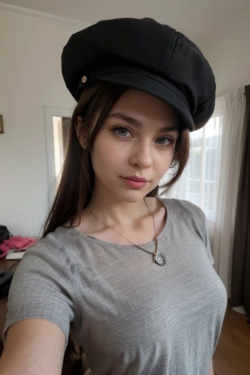 Bitte erstellen Sie ein Bild einer jungen Frau, wearing a t-shirt and necklace. sie hat braune Haare, big, blaue Augen, und eine subtile, Natürlicher Make-up-Look. Das Selfie sollte sie ohne sichtbares Make-up zeigen, Und sie sollte direkt in die Kamera schauen. The face should look realistically natural. The full-body shot of this attractive woman should feature an eye-catching pose, Und sie hat durchdringende blaue Augen. The girl has a sweet demeanor, And the pose should be cute too. The background should be clear and uncluttered. The details of the image should be of high quality(best quality)), ((Meisterwerk)), (detailliert), Perfektes Gesicht, leichte Sommersprossen.