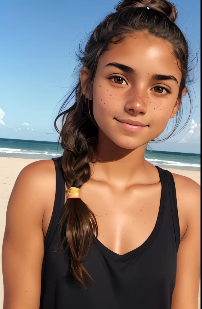 1girl. Tan skin, freckles on nose, freckles on cheeks, dark brown hair, wavy hair, hair braid, loose T-shirt, black sweatpants, twenty years old