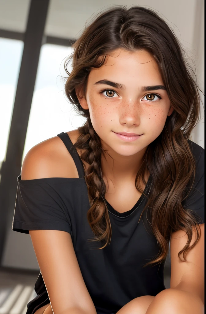 1girl. Tan skin, freckles on nose, freckles on cheeks, dark brown hair, wavy hair, hair braid, loose T-shirt, black sweatpants, twenty years old
