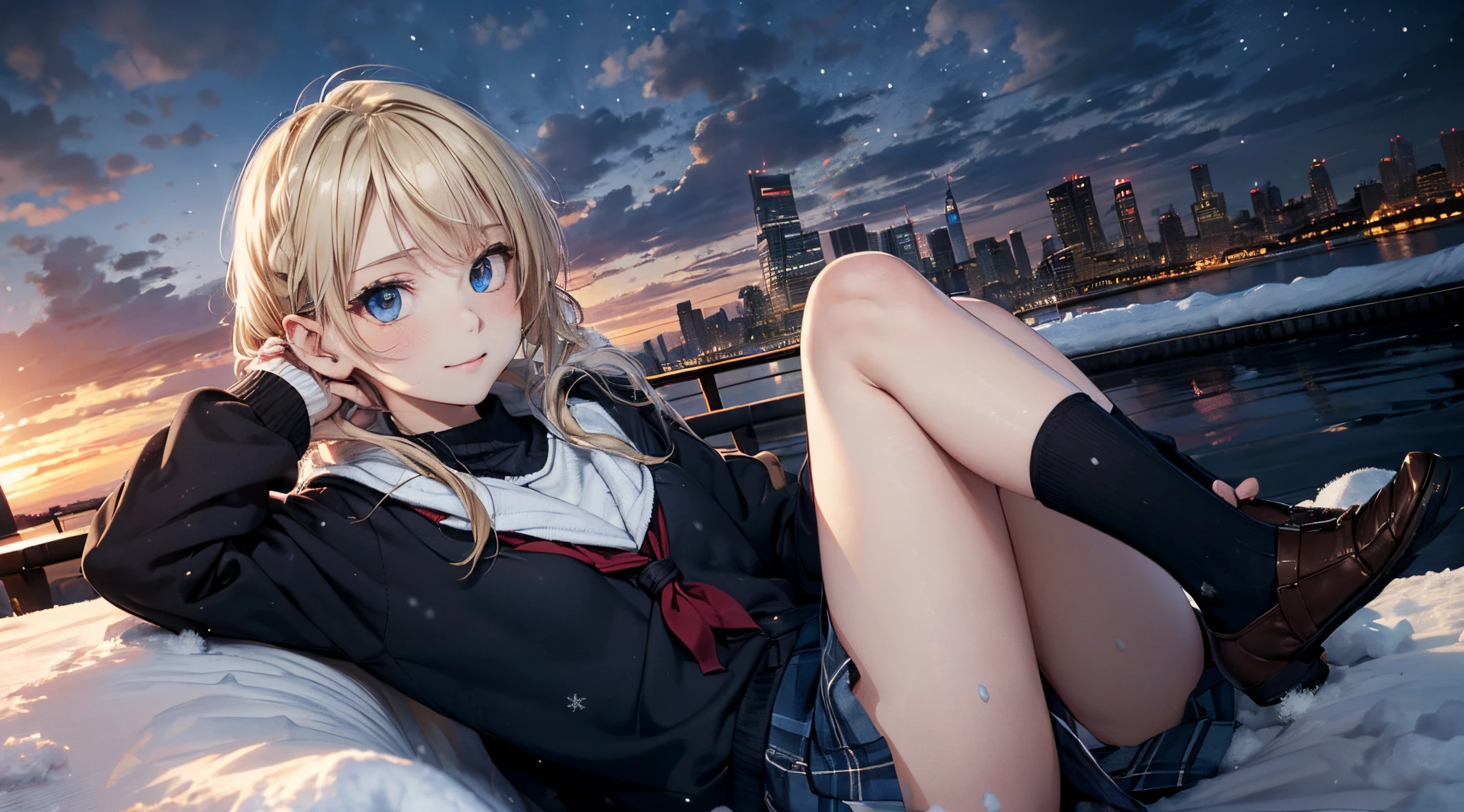 masutepiece,8K,octans, Skysky, stele(Skysky), landscapes, starrysky, natta, looks at the camera, (Legs without stockings:1.iercing gaze, nigh sky, report, plein air, built, clouds, milkyway, 城市, silhuette, Cityscape,(Short, Low twin-tailed blonde hair:1.2), (Deep Blue Eyes:1.iercing gaze, small smile, (winter school uniform:1.1)