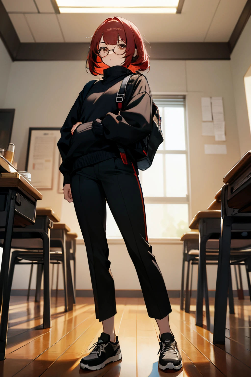 anime, masterpiece, best quality, full body, tall, young, perfect face, thick, carmine bob hair, white round glasses, black sweater, black pants, black sneakers, standing calm in the classroom, black backpack