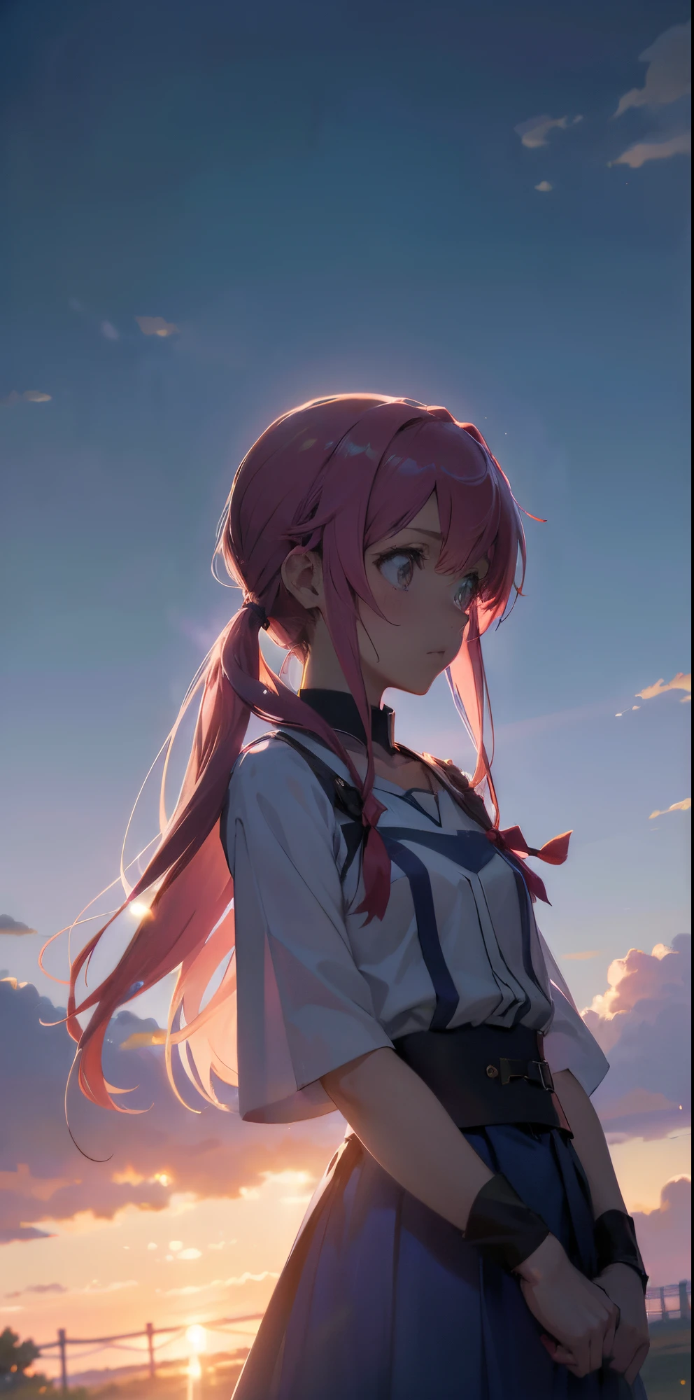 Gasai Yuno, cabello color rosado, sentada, Uniforme escolar, Adaptation of Sword Art online, Trazos rojos que simulan la velocidad del personaje, Modo de batalla, (ultrarrealista), {Fondo de pantalla extremadamente detallado de la unidad CG 8k}, Vastas fotos de paisajes, (A central vision that prioritizes the whole character, (Vista de campo abierto), (Low-angle shot), (destacar: 1.5), (baja iluminancia: 1.0), (warm light source: 1.0), detalles intrincados, (Colores iridiscentes: 1.5), (bright illumination), (Atmospheric Illumination), sword art online, Dreamy, anime