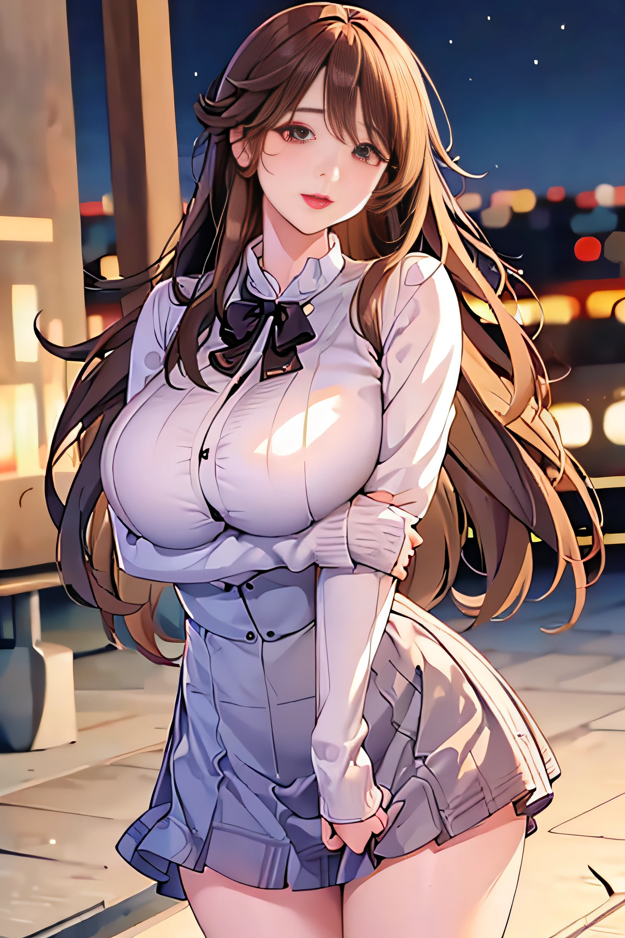 ((A beautiful lovely woman standing on the terrace)), ((22-year-old beauty)), ((Enchanted smile)), ((Her long hair fluttered in the wind)), ((Her miniskirt flutters in the wind)), (( The cleavage of her ample breasts visible through the shirt)), ((Gradient eyes)), ((The background a night view of the city)),Emphasize cleavage, sexy for, gigantic cleavage breasts,Emphasize the hips backward,Detailed hands,詳細な目, Glamorous makeup, Single view, north african free trade area , hyper HD, retinas, tmasterpiece, Accurate, Anatomical, Scientifically correct, ctextured skin, super detailing, high detal, high qulity, Award-Awarded, top-quality, A high resolution, 1080p, k hd, 4K, 8K, 16k