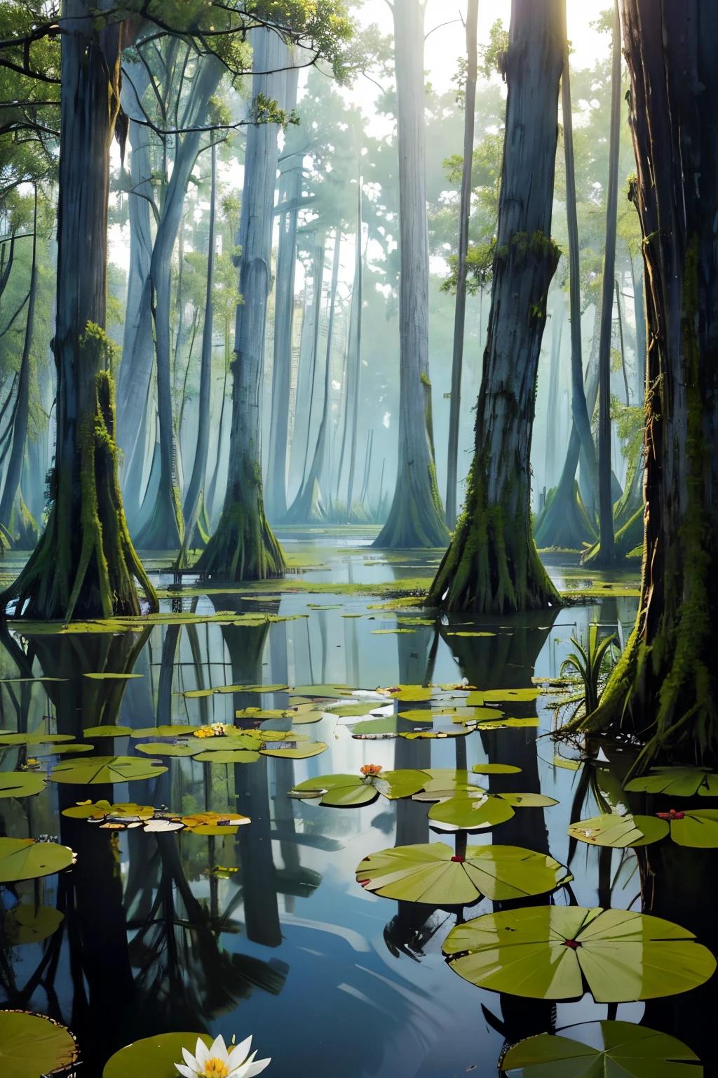 there a large body of water with lily pads on it, a photo by Robert Lee Eskridge, flickr, hurufiyya, louisiana swamps, scene from louisiana swamps, harmony of swamp, backwater bayou, swamp landscape, swamps, cypress trees, swamp, swamp land, bayou, tall cypress trees, swamp forest, swampy atmosphere