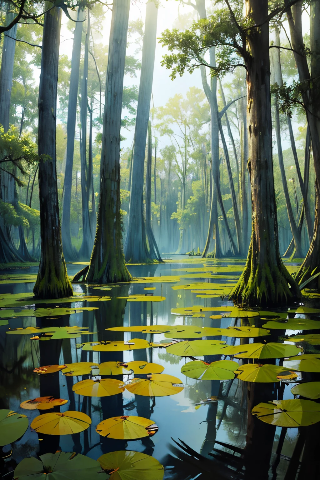 there a large body of water with lily pads on it, a photo by Robert Lee Eskridge, flickr, hurufiyya, louisiana swamps, scene from louisiana swamps, harmony of swamp, backwater bayou, swamp landscape, swamps, cypress trees, swamp, swamp land, bayou, tall cypress trees, swamp forest, swampy atmosphere