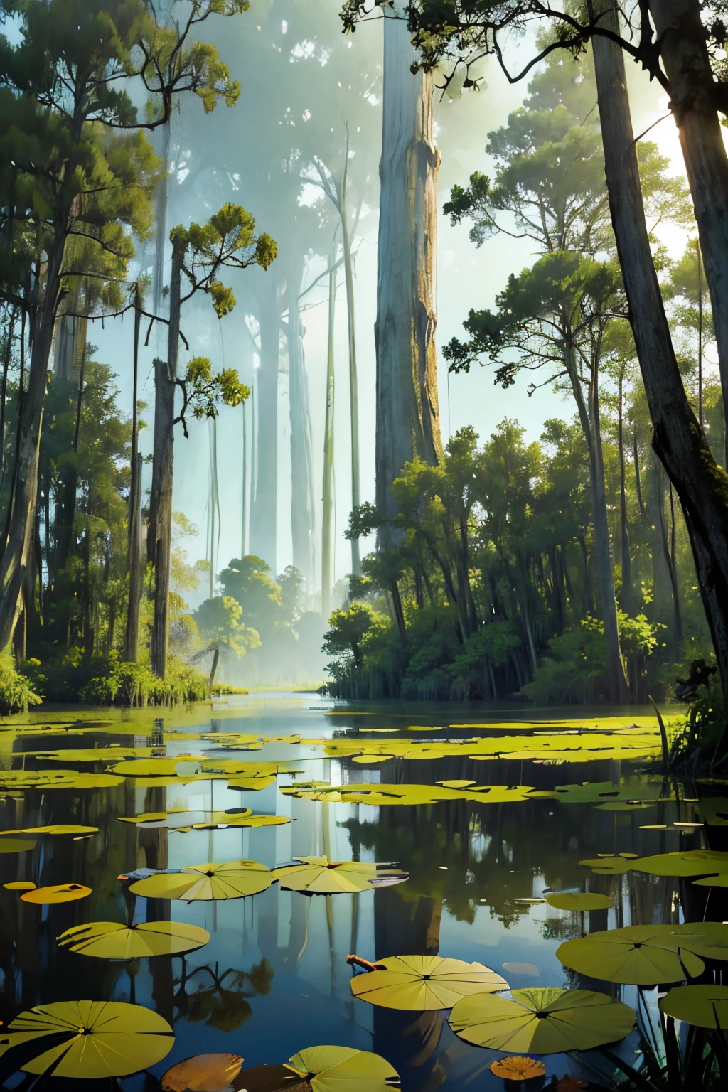 there a large body of water with lily pads on it, a photo by Robert Lee Eskridge, flickr, hurufiyya, louisiana swamps, scene from louisiana swamps, harmony of swamp, backwater bayou, swamp landscape, swamps, cypress trees, swamp, swamp land, bayou, tall cypress trees, swamp forest, swampy atmosphere