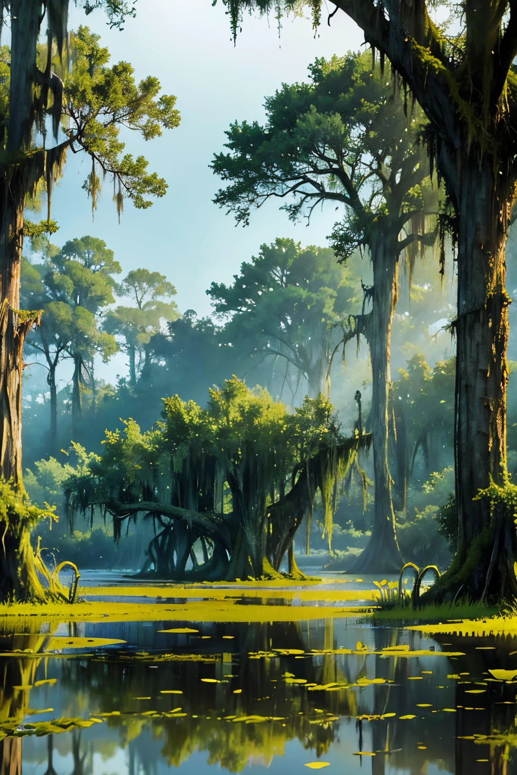trees are hanging over the water in a swamp with moss, scene from louisiana swamps, louisiana swamps, backwater bayou, swamp landscape, swamps, cypress trees, harmony of swamp, bayou, swamp forest, swampy atmosphere, swamp land, tall cypress trees, swamp, flooded swamp, misty swamp, spanish moss, located in a swamp at sunrise