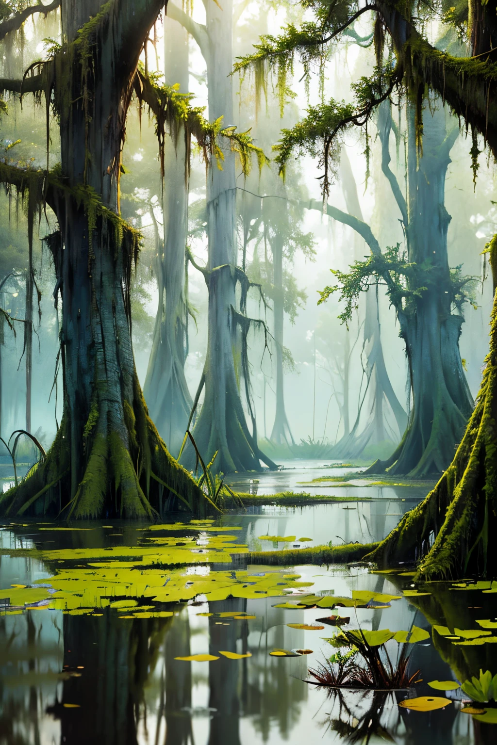 trees are hanging over the water in a swamp with moss, scene from louisiana swamps, louisiana swamps, backwater bayou, swamp landscape, swamps, cypress trees, harmony of swamp, bayou, swamp forest, swampy atmosphere, swamp land, tall cypress trees, swamp, flooded swamp, misty swamp, spanish moss, located in a swamp at sunrise