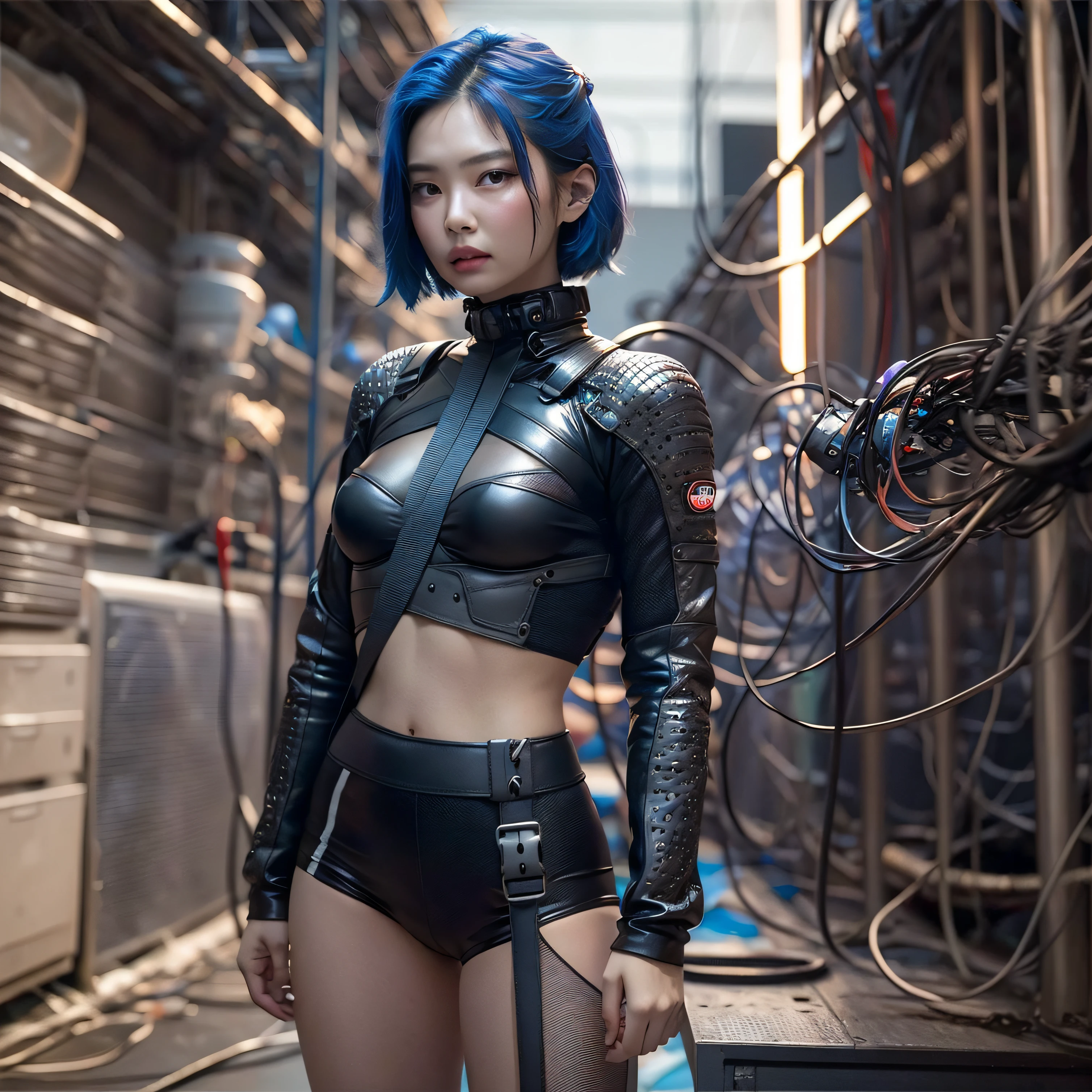 bright eyes,  super detailed, black short hair, blood and wounds, stab wounds on body, dirty clothes, Jennie Kim, 30 yrs old girl, cyberpunk suit, blue hair,