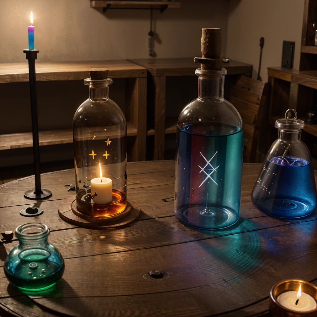 make a laboratory of a medieval wizard with colorful chemical flasks and different shapes make a glass with eyes inside on a wooden table, make your staff on the table, along with many research papers and lit candles on the table and with a cloak with small magical runes sewn into this cloak