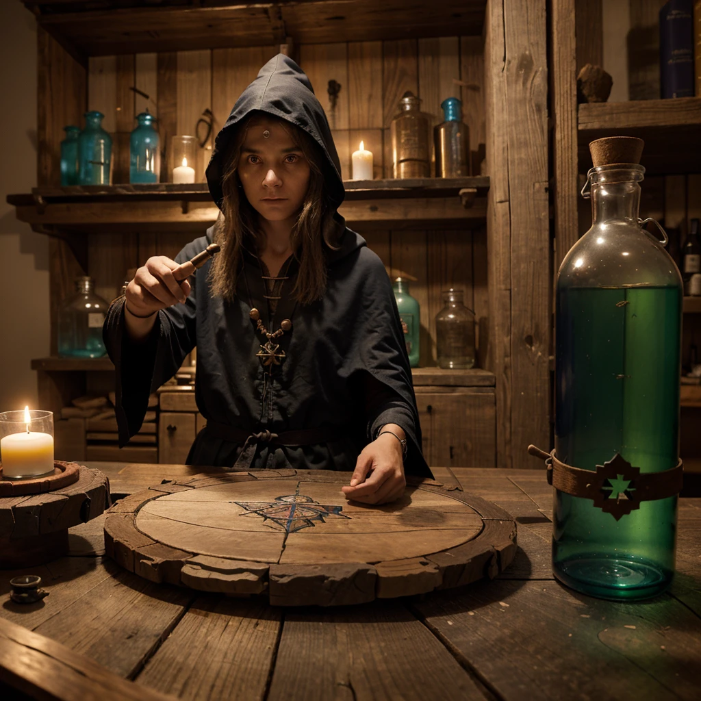 make a laboratory of a medieval wizard with colorful chemical flasks and different shapes make a glass with eyes inside on a wooden table, make your staff on the table, along with many research papers and lit candles on the table and with a cloak with small magical runes sewn into this cloak