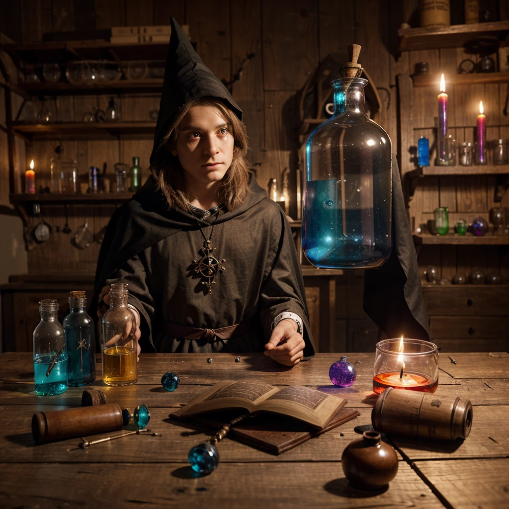 make a laboratory of a medieval wizard with colorful chemical flasks and different shapes make a glass with eyes inside on a wooden table, make your staff on the table, along with many research papers and lit candles on the table and with a cloak with small magical runes sewn into this cloak