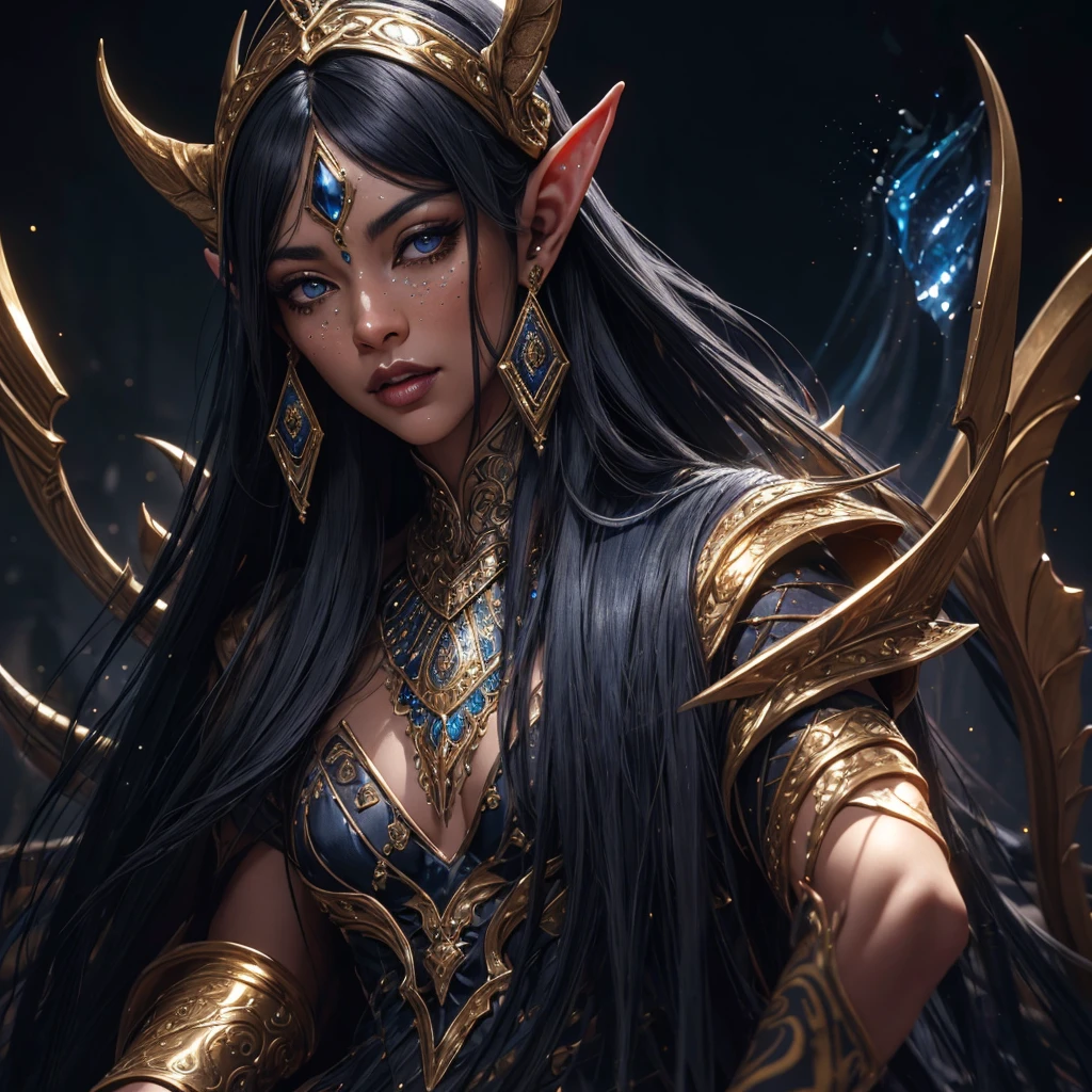 hyperrealistic elven woman with dark blue skin" scales long_hair black_background dark deep depth of field webbed ears gold jewelry | trinkets hyperdetailed caravaggio hdr ambient occlusion | dark shadows | anime_realism | 3D 64 megapixels | rustic | dim dark fantastical whimsical ultradetailed striking | contrast | volumetric lighting | gloss sheen polished sparkle glittering | trending on Artstation | dark deep colors | dark fantasy | photoillustration