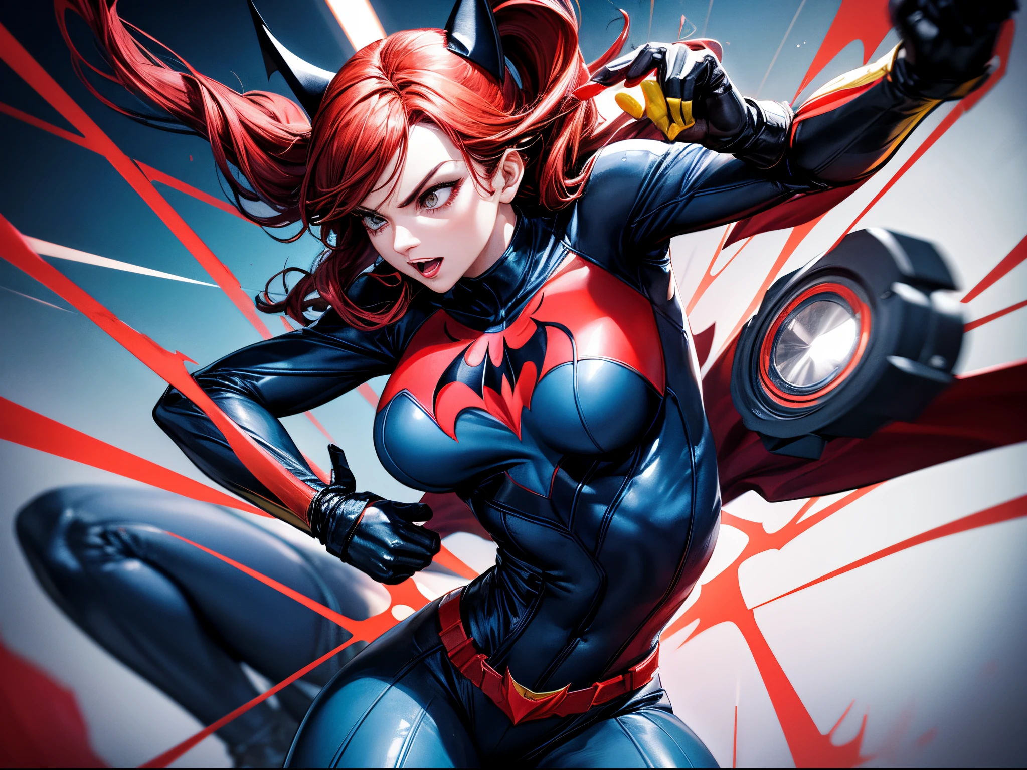 create image: 3D illustration of Batwoman female superhero, gold color, electric indigo color, hunter green color, navy blue color, red 256, (sharp lines), bold ink lines, strong outlines, bold traces, high contrast, (professional vector), best quality, semi-gloss colors, medium lights, medium shadows, low levels.