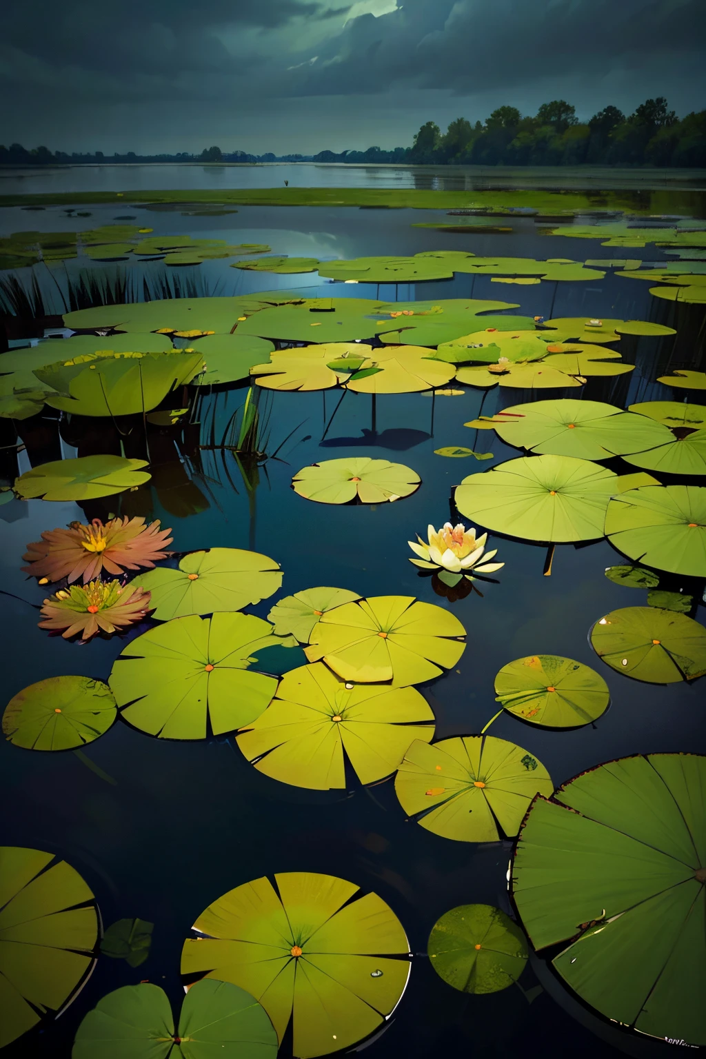 there a pond with lily pads and water lillies in it, a portrait by Linda Sutton, flickr, hurufiyya, bog, lily pads, flooded swamp, a wide full shot, located in a swamp at sunrise, marsh, swamp landscape, version 3, waterlily pads, beautiful late afternoon, lake, swamps, looking partly to the left