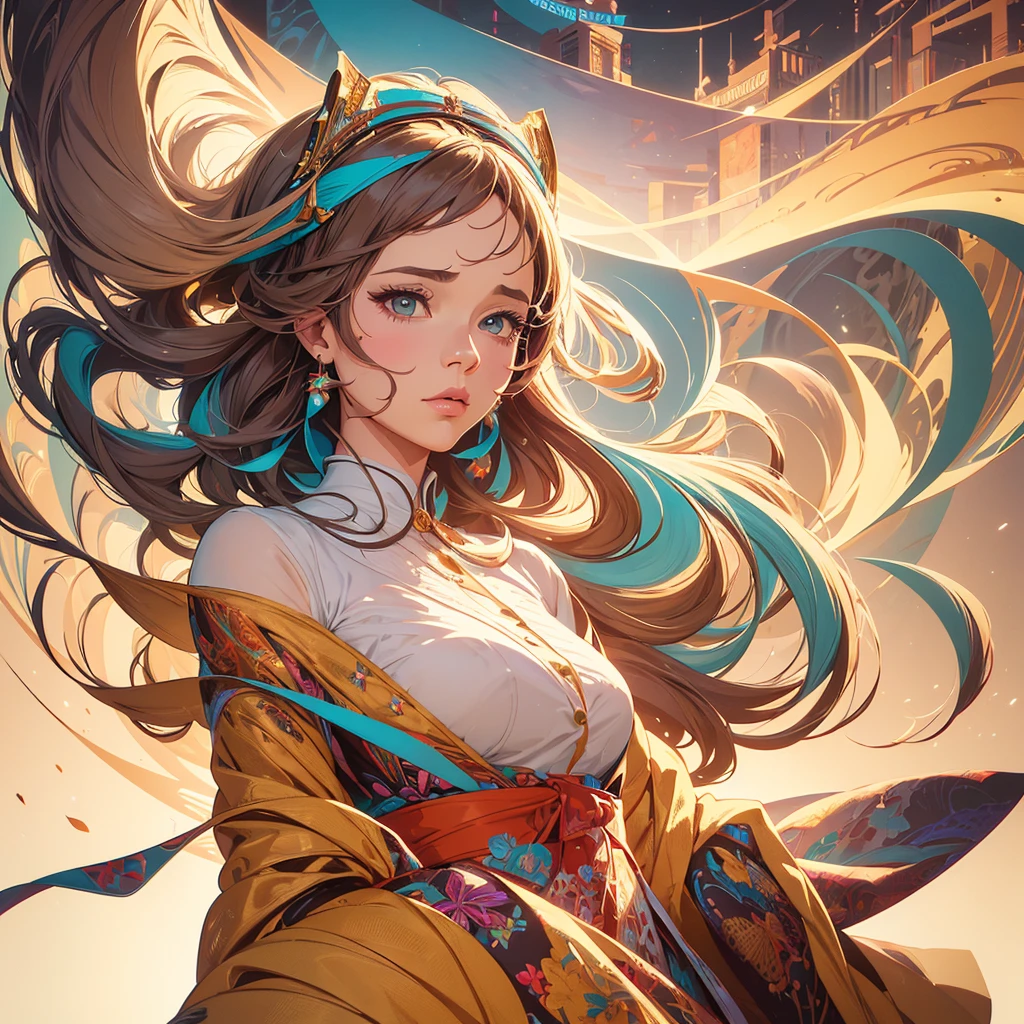illustration of a woman with a ribbon wrapped around her head, martin ansin artwork portrait, martin ansin, stunning digital illustration, james gilleard artwork, poster illustration, inspired by Mike Winkelmann, inspired by Petros Afshar, by Matthew D. Wilson, exquisite imaginative poster art, by Matthijs Naiveu, a beautiful artwork illustration, poster art style