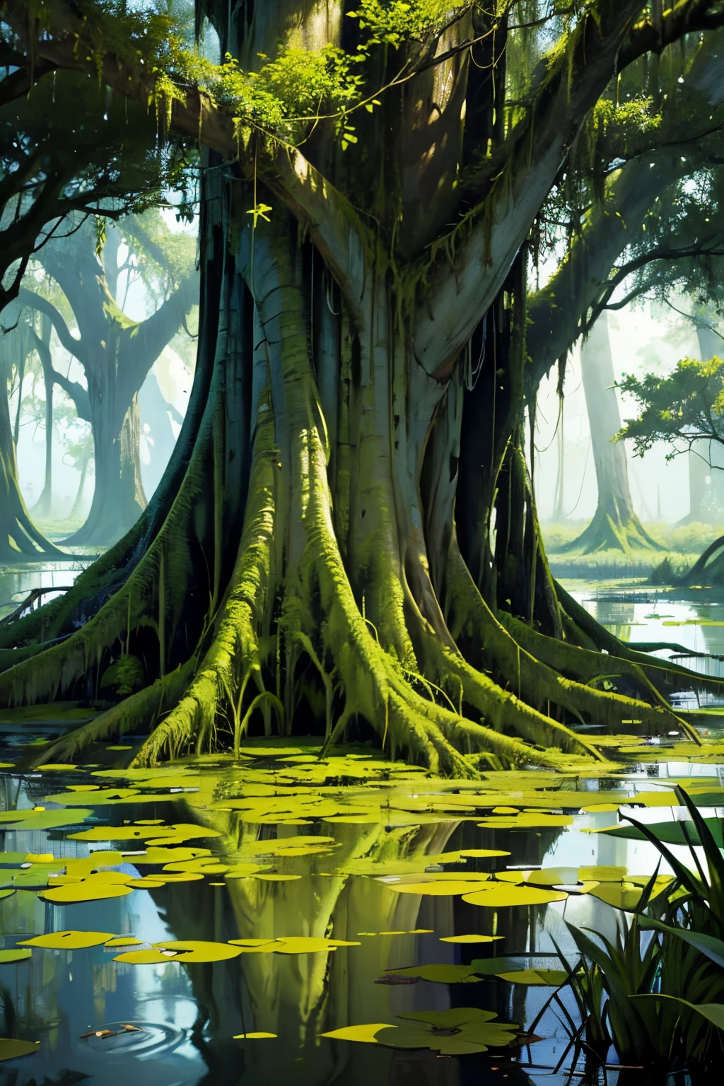 trees are hanging over the water in a swamp with moss, a portrait by John Clayton Adams, flickr, hurufiyya, scene from louisiana swamps, louisiana swamps, backwater bayou, swamp landscape, swamps, cypress trees, harmony of swamp, bayou, swamp forest, swampy atmosphere, swamp land, swamp, tall cypress trees, flooded swamp