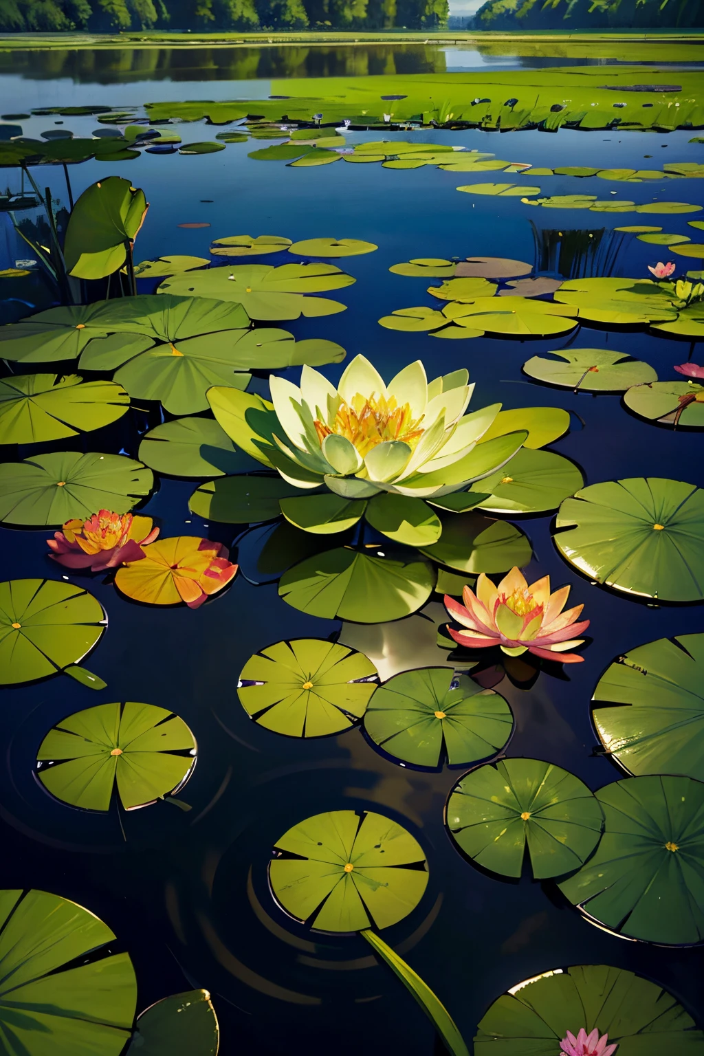 there  a pond with lily pads and water lillies in it, a portrait by Linda Sutton, flickr, hurufiyya, bog, lily pads, flooded swamp, a wide full shot, located in a swamp at sunrise, marsh, swamp landscape, version 3, waterlily pads, beautiful late afternoon, lake, swamps, looking partly to the left