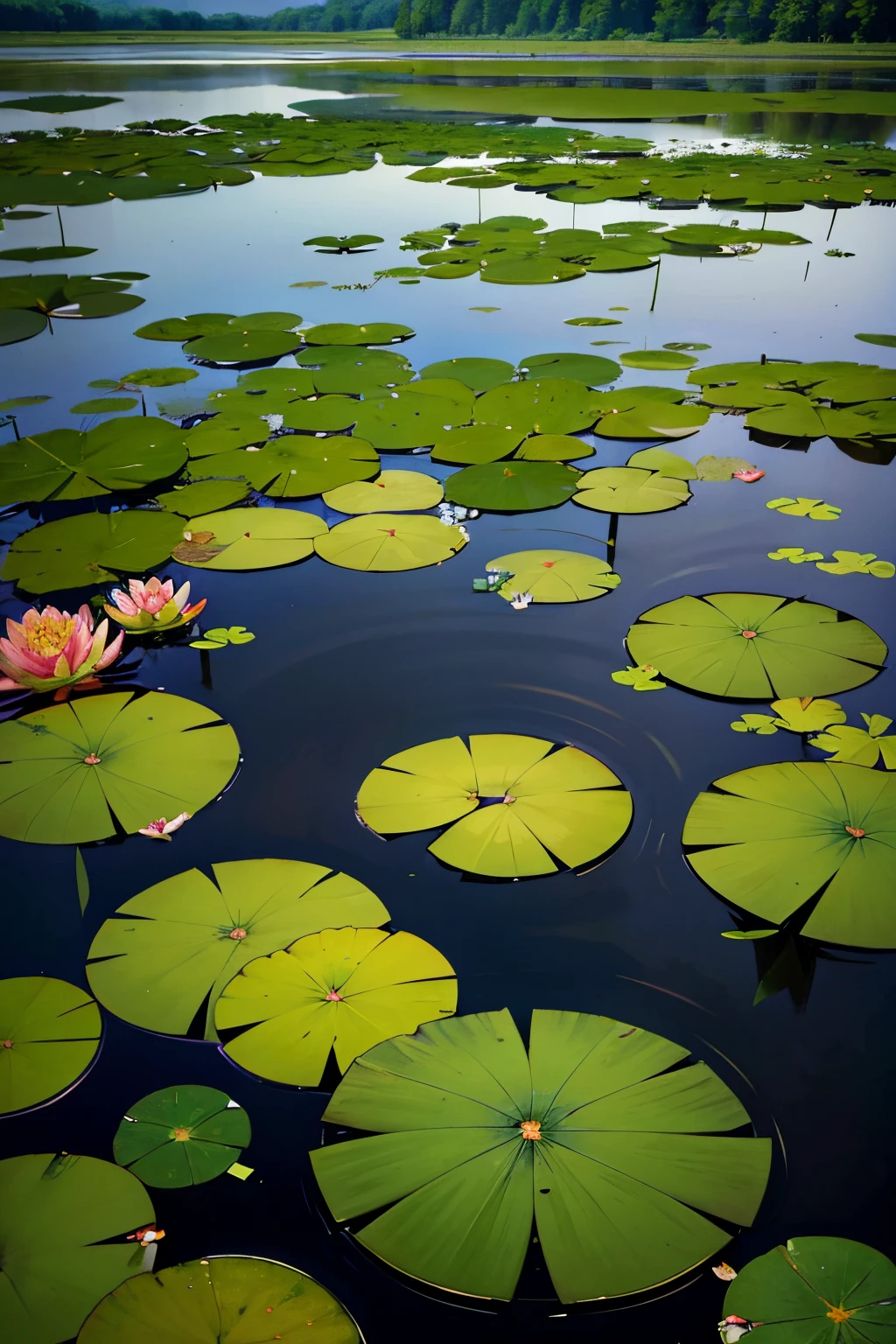 there  a pond with lily pads and water lillies in it, a portrait by Linda Sutton, flickr, hurufiyya, bog, lily pads, flooded swamp, a wide full shot, located in a swamp at sunrise, marsh, swamp landscape, version 3, waterlily pads, beautiful late afternoon, lake, swamps, looking partly to the left