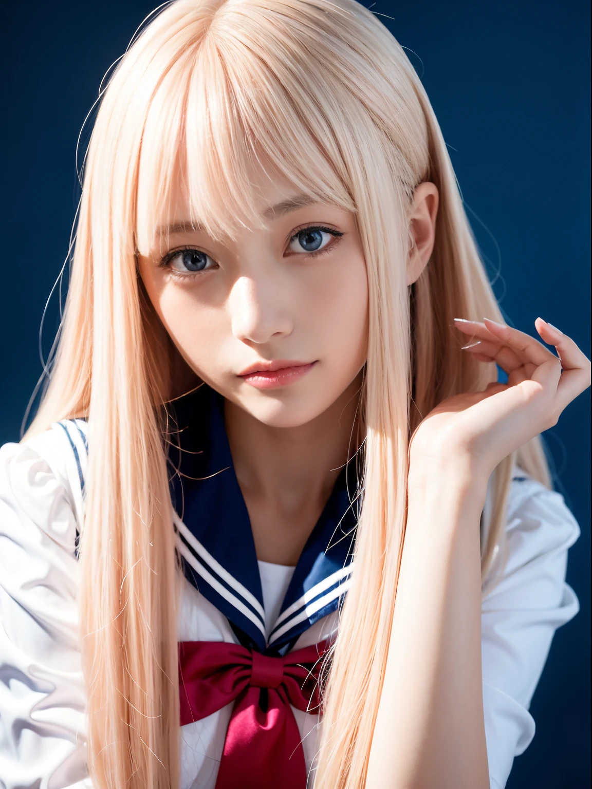 Bust shot, pink sailor suit, uniform, very beautiful Swedish beautiful girl, shiny dazzling glossy skin, smile, beautiful bangs, very long and straight silky beautiful platinum blonde, super long straight hair, eyeliner, small face, big, beautiful shining transparent marine blue eyes, beautiful and bright girl, on all fours
