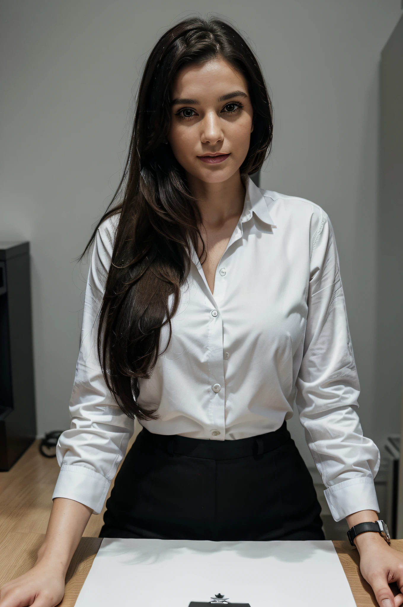 Beautiful 30 years old German woman named Sonja Grillitsh sitting by the desk in the office, gray painted walls, autumn, Office suit and white office shirt, smile, RAW photo, dynamic pose, long black hair, white skin, makeup, high detail face, direct look, high detail hands, high detail eyes, ultrarealistic, full posture photo, Nikon, dark shot, ultra detail, 4K cinematic