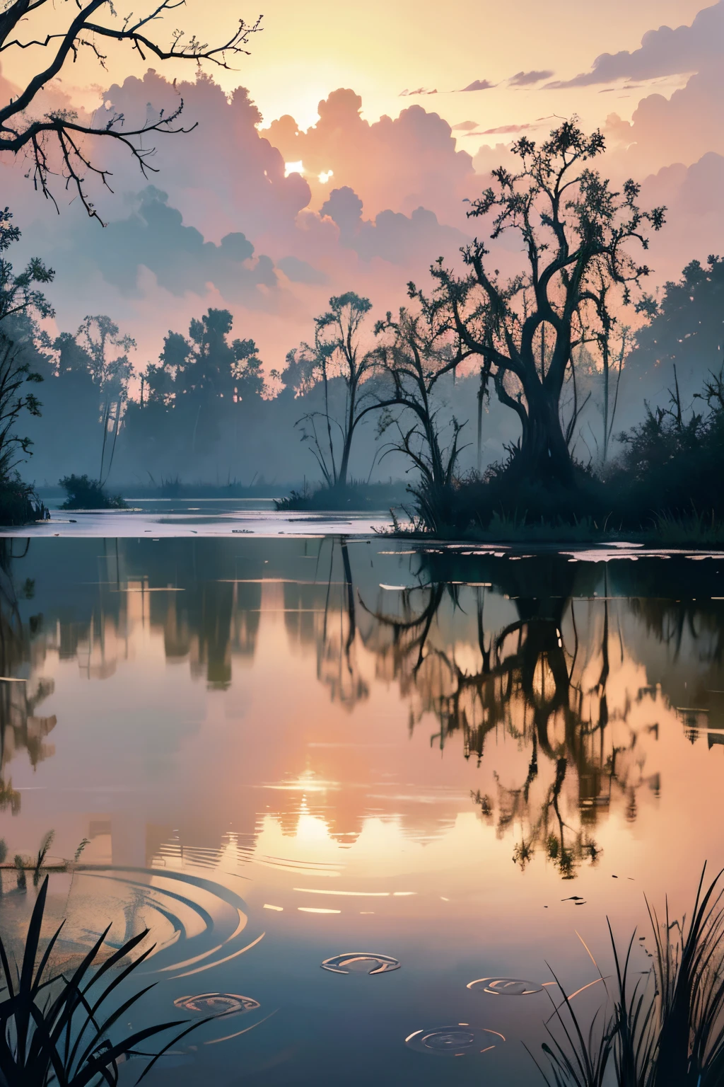 trees are growing in the water near a swamp with a cloudy sky, a portrait by Jeffrey Smith, shutterstock, tonalism, located in a swamp at sunrise, scene from louisiana swamps, louisiana swamps, harmony of swamp, swamp landscape, backwater bayou, swampy atmosphere, swamps, flooded swamp, swamp forest, swamp land, bayou