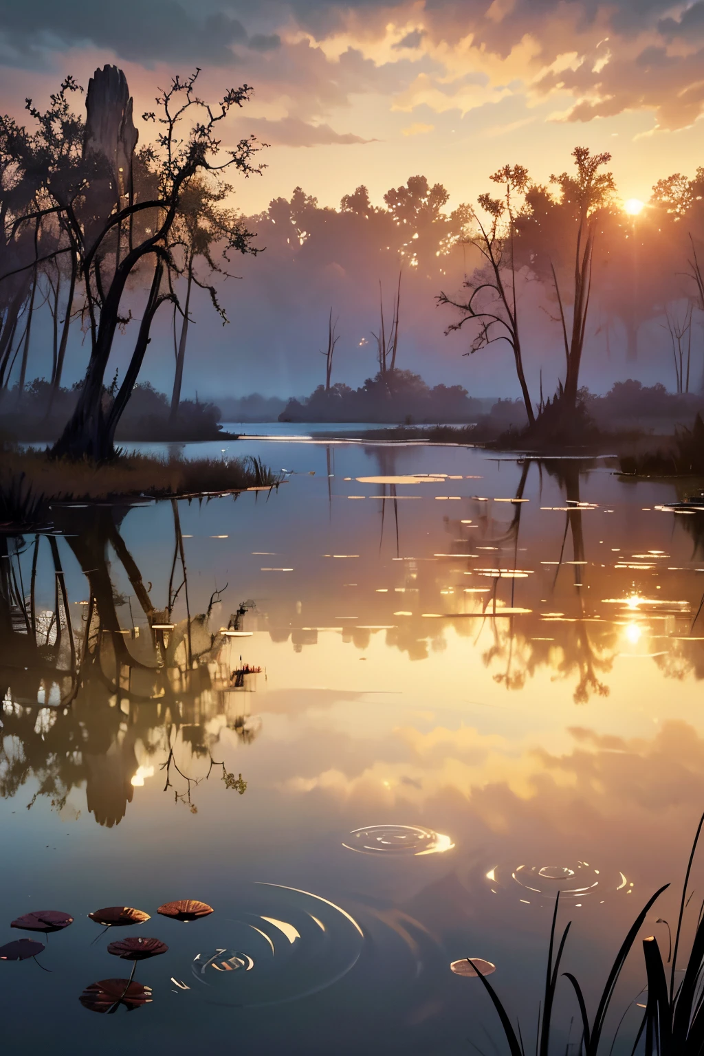 trees are growing in the water near a swamp with a cloudy sky, a portrait by Jeffrey Smith, shutterstock, tonalism, located in a swamp at sunrise, scene from louisiana swamps, louisiana swamps, harmony of swamp, swamp landscape, backwater bayou, swampy atmosphere, swamps, flooded swamp, swamp forest, swamp land, bayou