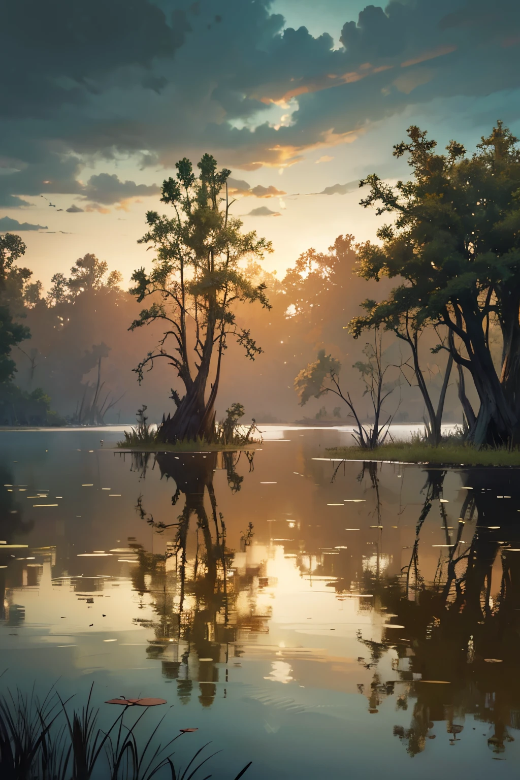 trees are growing in the water near a swamp with a cloudy sky, a portrait by Jeffrey Smith, shutterstock, tonalism, located in a swamp at sunrise, scene from louisiana swamps, louisiana swamps, harmony of swamp, swamp landscape, backwater bayou, swampy atmosphere, swamps, flooded swamp, swamp forest, swamp land, bayou