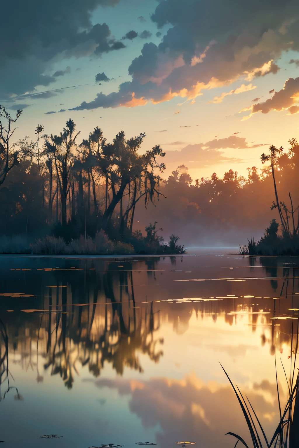 trees are growing in the water near a swamp with a cloudy sky, a portrait by Jeffrey Smith, shutterstock, tonalism, located in a swamp at sunrise, scene from louisiana swamps, louisiana swamps, harmony of swamp, swamp landscape, backwater bayou, swampy atmosphere, swamps, flooded swamp, swamp forest, swamp land, bayou
