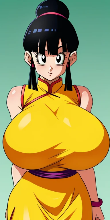 chichi_dbz, standing, solo, gigantic_breasts, Yellow_China_Dress_Purple_Neckerchief, masterpiece, best quality, detailed face, detailed eyes, highres, green background