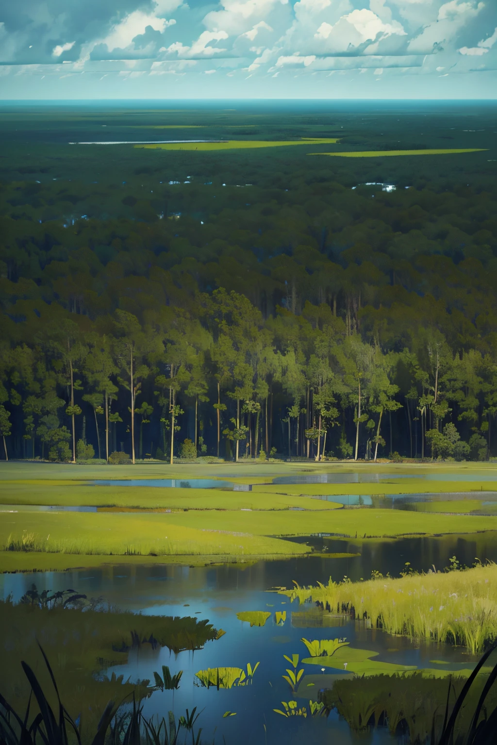 there  a field of grass and trees with a sky in the background, a portrait by Edward P. Beard Jr., flickr, renaissance, swamp landscape, swamp land, in a swamp, swamp forest, overgrown swamp, swamps, swampy atmosphere, harmony of swamp, flooded swamp, scene from louisiana swamps, louisiana swamps, swamp, dark swamp