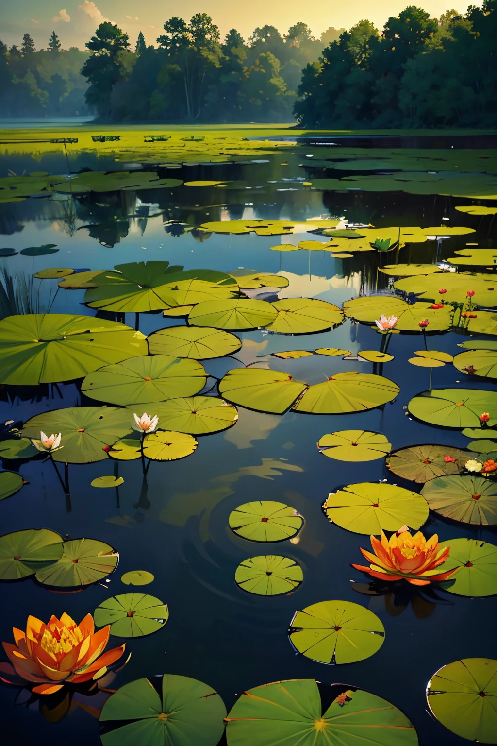 there a pond with lily pads and water lillies in it, bog, lily pads, flooded swamp, a wide full shot, located in a swamp at sunrise, swamp landscape, marsh, version 3, waterlily pads, beautiful late afternoon, lake, swamps, looking partly to the left, wide shot photo, overgrown with aquatic plants