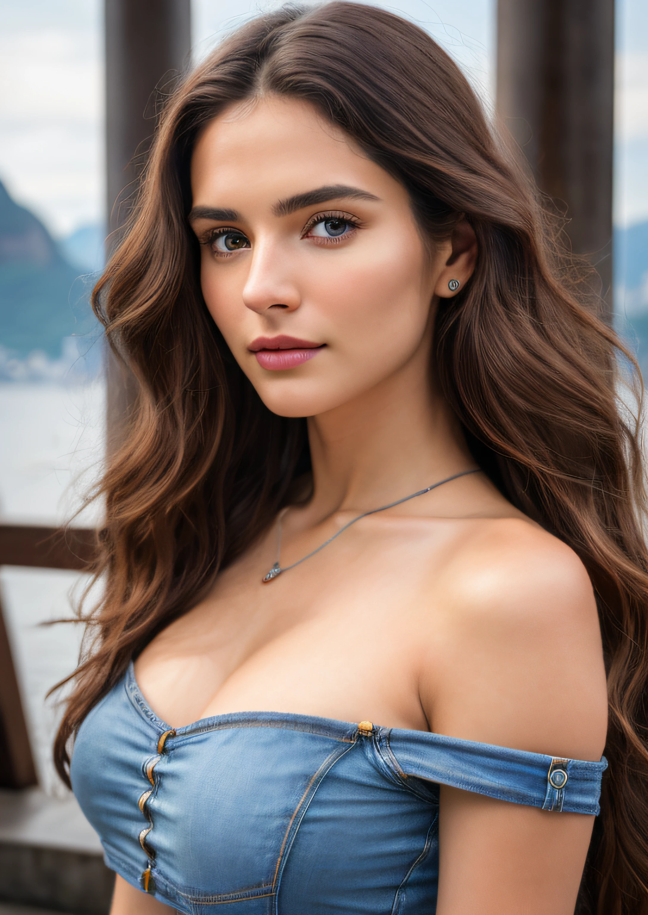 ((nsfw)), 8k, RAW photo, best quality, ultra high res, photorealistic, realistic photo of a girl wearing a croptop, bare shoulders, jeans, at Cristo redentor, rio de janeiro, detailed face, detailed, highres, realistic, photorealistic, full body, woman, 25 years old, long wavy brown hair, matte skin, pores, wrinkletremely detailed CG unity 8k wallpaper), photo of the most beautiful artwork in the world, professional majestic (photography by Steve McCurry), 8k uhd, dslr, soft lighting, high quality, film grain, Fujifilm XT3 sharp focus, f 5.6, High Detail, Sharp focus, dramatic, (looking at viewer:1.2), (natural light)