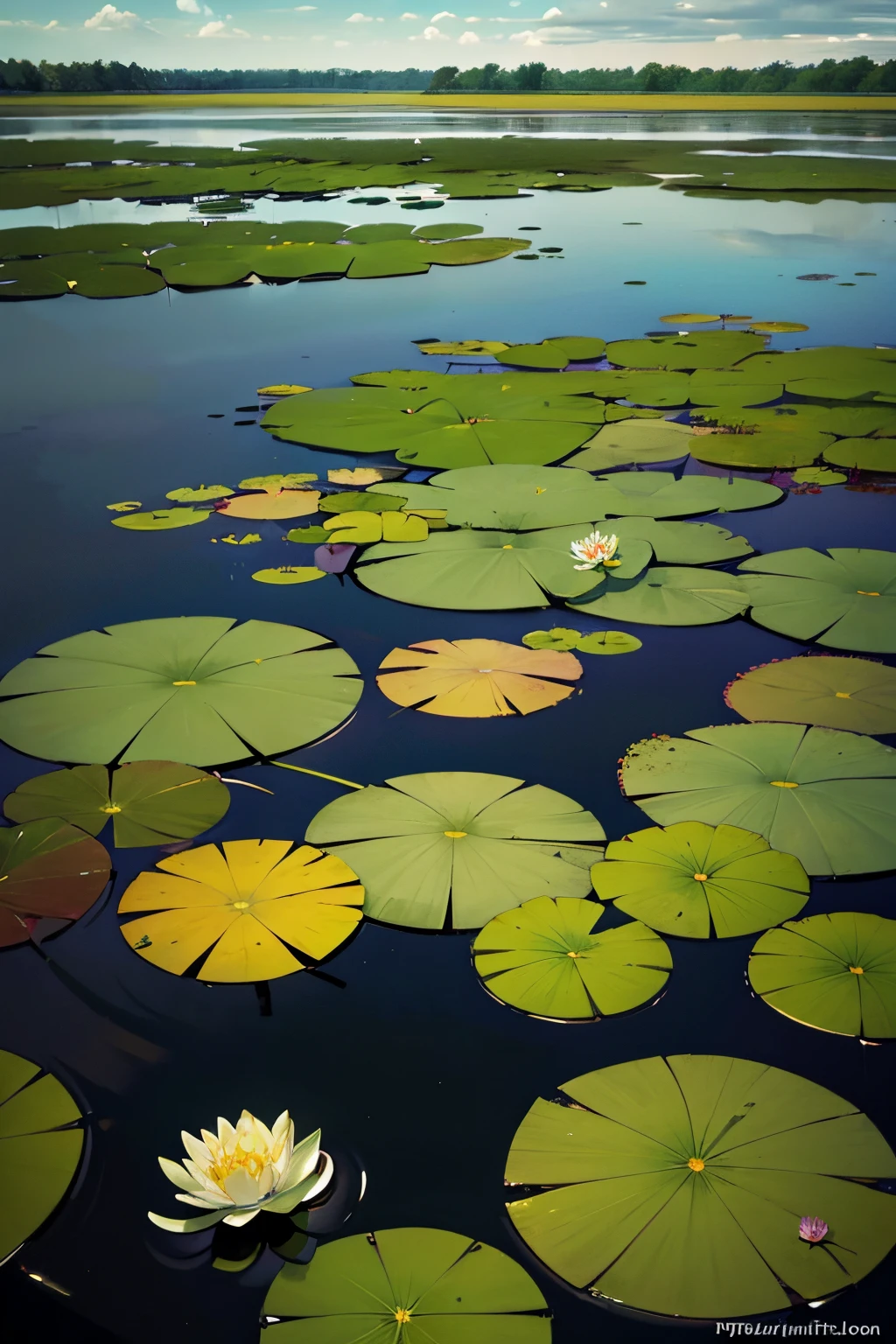 there  a pond with lily pads and water lillies in it, a portrait by Linda Sutton, flickr, hurufiyya, bog, lily pads, flooded swamp, a wide full shot, located in a swamp at sunrise, swamp landscape, marsh, version 3, waterlily pads, beautiful late afternoon, lake, swamps, looking partly to the left