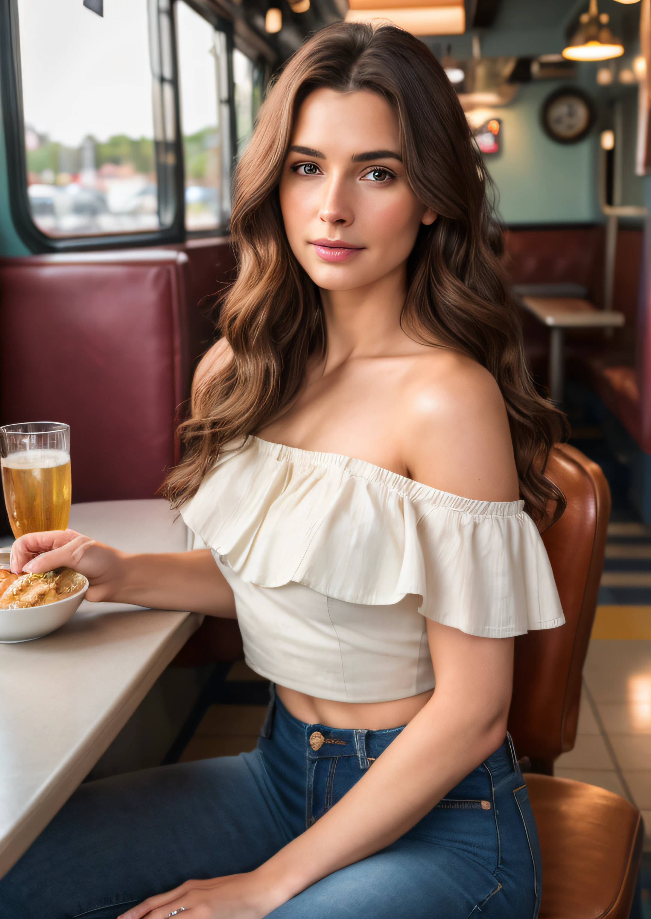 ((nsfw)), 8k, RAW photo, best quality, ultra high res, photorealistic, realistic photo of a girl wearing a croptop, bare shoulders, jeans, sitting in a diner, beautiful, detailed face, detailed, highres, realistic, photorealistic, full body, woman, 25 years old, long wavy brown hair, matte skin, pores, wrinkletremely detailed CG unity 8k wallpaper), photo of the most beautiful artwork in the world, professional majestic (photography by Steve McCurry), 8k uhd, dslr, soft lighting, high quality, film grain, Fujifilm XT3 sharp focus, f 5.6, High Detail, Sharp focus, dramatic, (looking at viewer:1.2), (natural light)