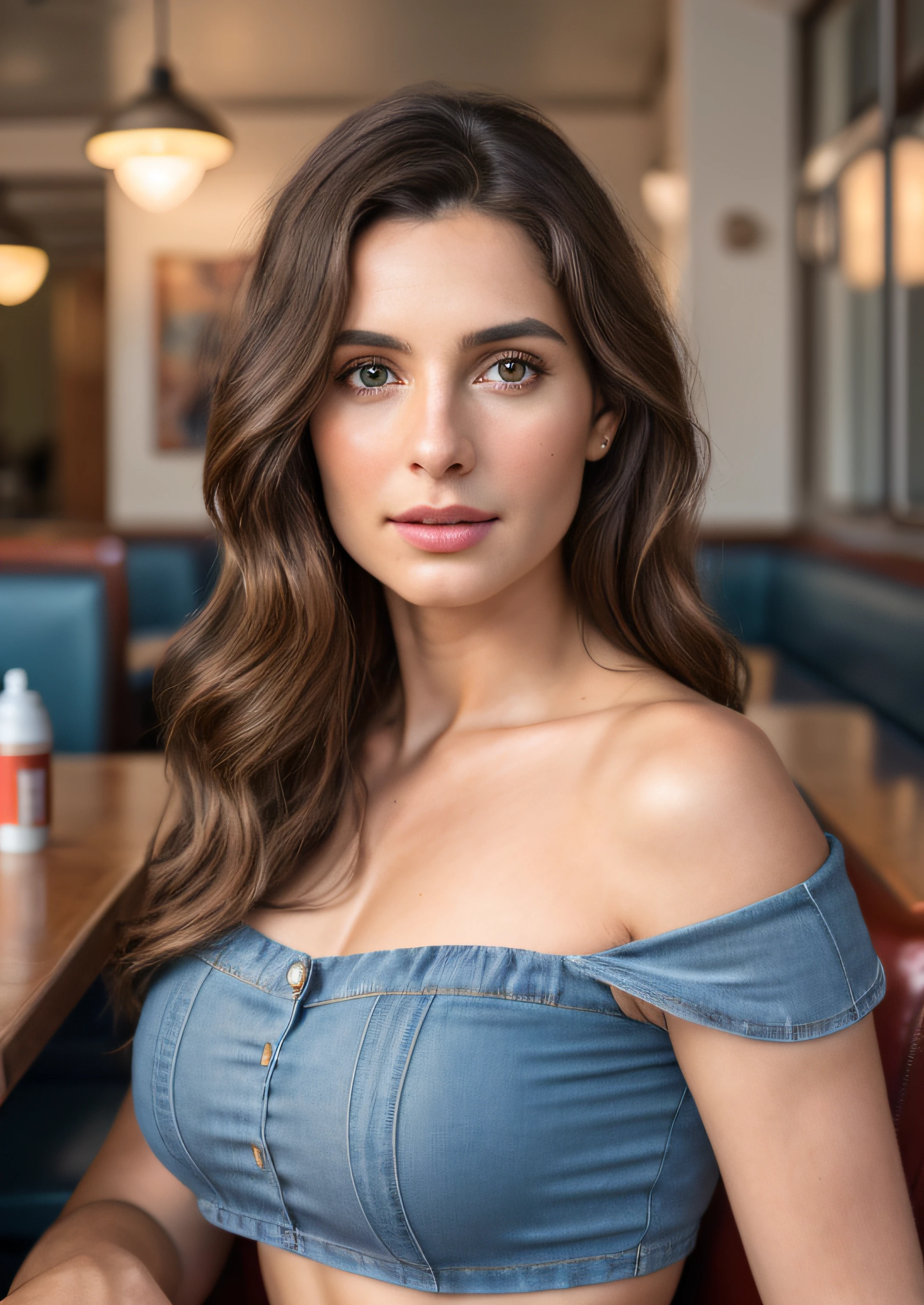 ((nsfw)), 8k, RAW photo, best quality, ultra high res, photorealistic, realistic photo of a girl wearing a croptop, bare shoulders, jeans, sitting in a diner, beautiful, detailed face, detailed, highres, realistic, photorealistic, full body, woman, 25 years old, long wavy brown hair, matte skin, pores, wrinkletremely detailed CG unity 8k wallpaper), photo of the most beautiful artwork in the world, professional majestic (photography by Steve McCurry), 8k uhd, dslr, soft lighting, high quality, film grain, Fujifilm XT3 sharp focus, f 5.6, High Detail, Sharp focus, dramatic, (looking at viewer:1.2), (natural light)