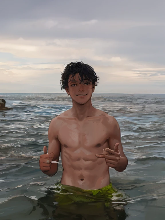 there a man standing in the water with his thumbs up, in the sea, in water! up to shoulders, in the water, on the ocean water, in the ocean, emerging from the water, coming out of the ocean, ocean in the background, beach pic, in the beach, at the sea, in water, the ocean in the background