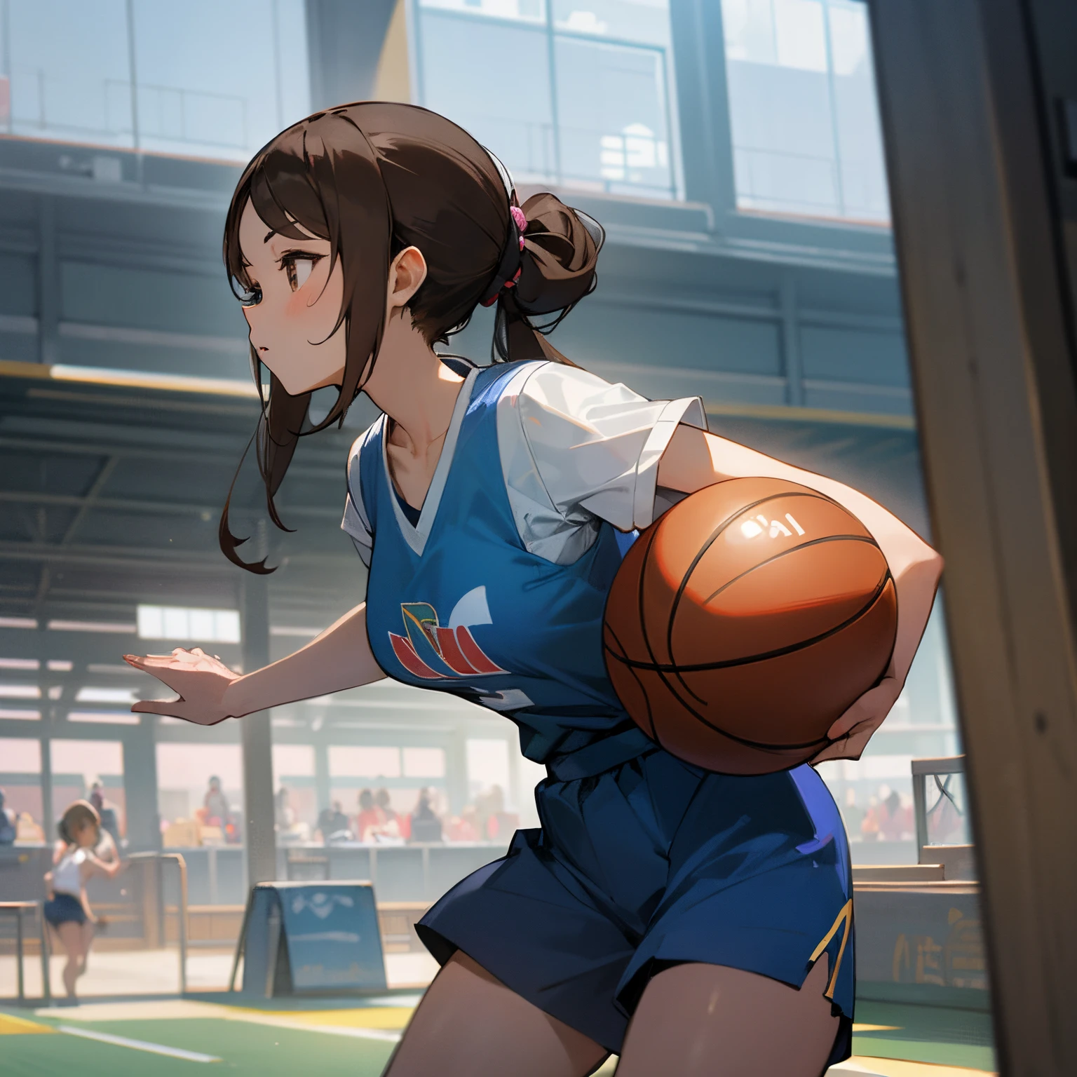 animesque、a beauty girl、basketball、Gymnasium、poneyTail、perspiring、Brown hair、Colossal tits、