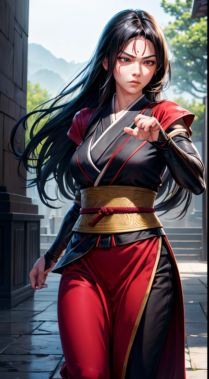 realistic, 1girl, high quality fingers, normal hands, detailed fingers, masterpiece, (realistic, photo-realistic: 1.37), realistic, 1girl, long hair:1.5, black hair:1.2, red eyes:1.5, bright eyes, mortal kombat, ninja, blood, scar, weapons, kimono, dress, mortal kombat costume, large breasts, fighting pose, serene look, temple, meditation, injuries, ninja mask, cover half of face,