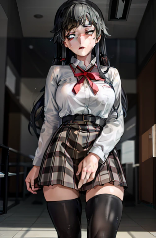 1 girl as yukino yukinoshita, absurdres, highres, solo, school uniform, big breasts, waist long black hair, (twintails:0.5), miniskirt, black thighhigh socks, loose red ribbon, unbuttoned white shirt, (ahegao:1.1), (rolling eyes:1.1), (female masturbation:1.1)