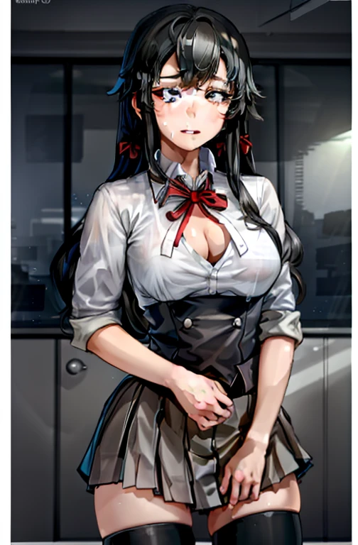 1 girl as yukino yukinoshita, absurdres, highres, solo, school uniform, big breasts, waist long black hair, (twintails:0.5), miniskirt, black thighhigh socks, loose red ribbon, unbuttoned white shirt, (ahegao:1.1), (rolling eyes:1.1), (female masturbation:1.1)